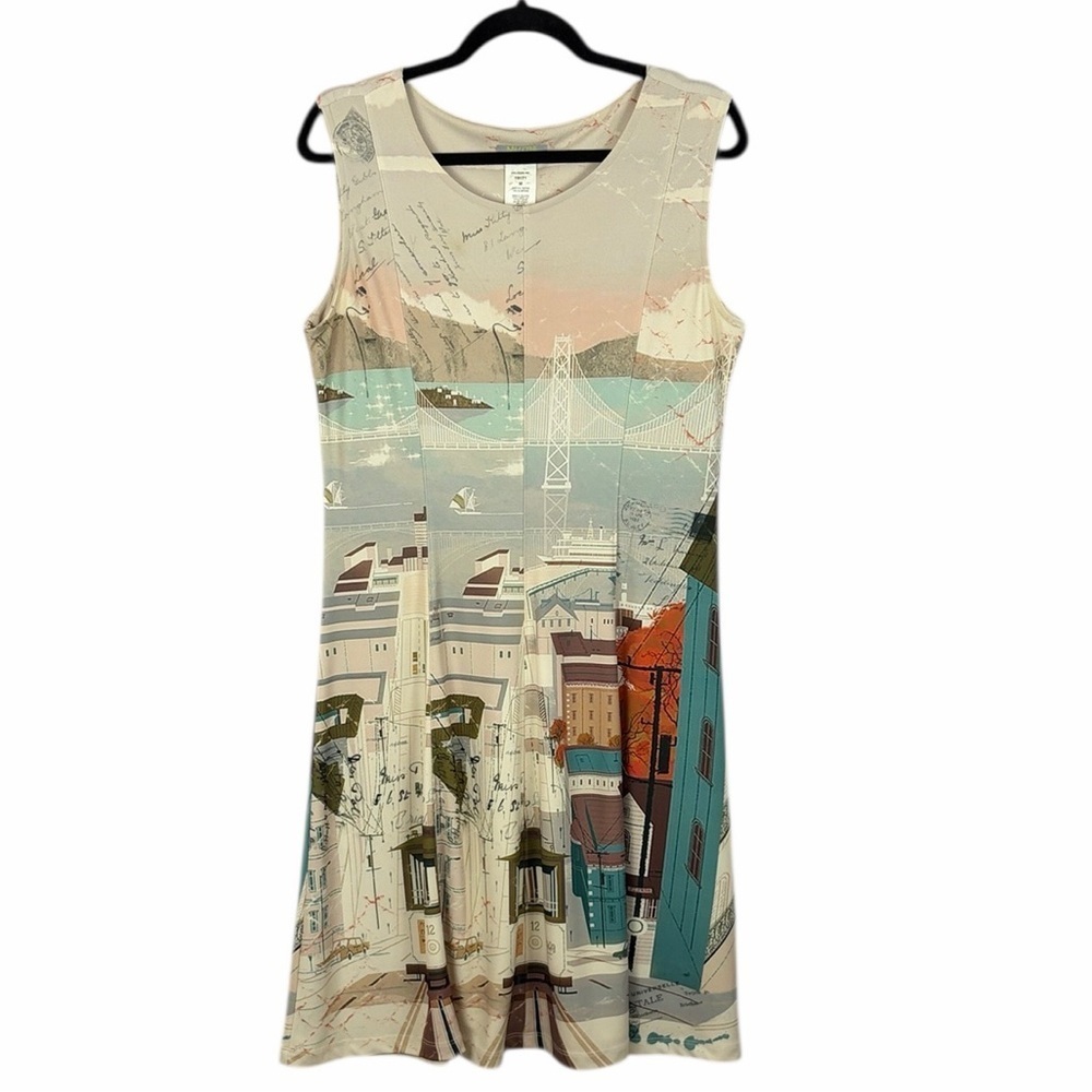Dolcezza Travel Coastal Sea Land Scene Sleeveless Round Neck Dress Medium Cream